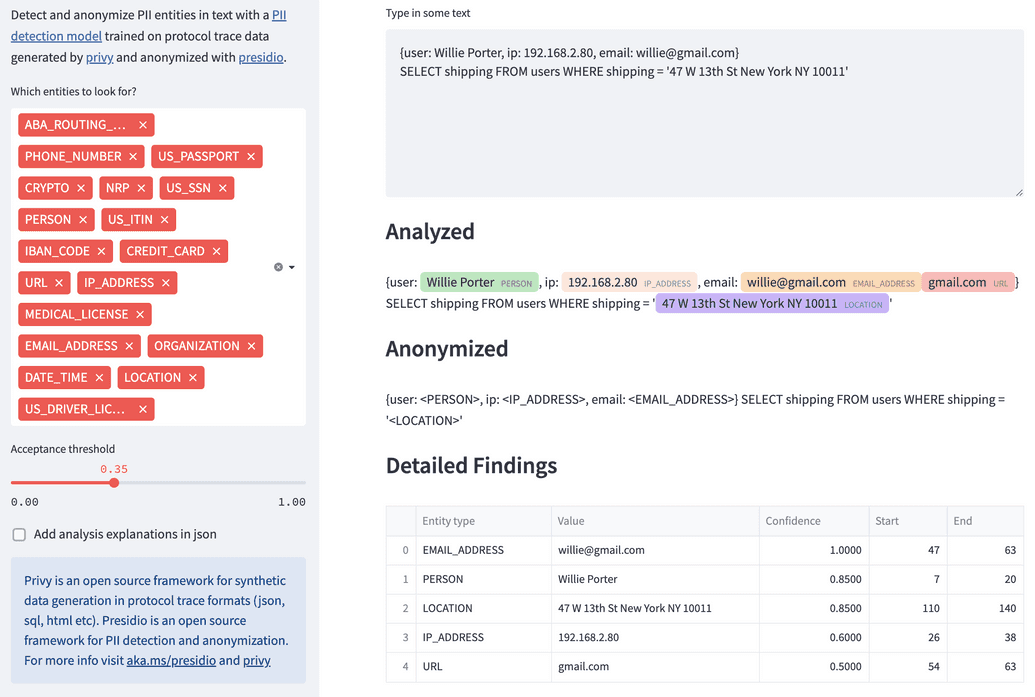 PII detector for structured data demo